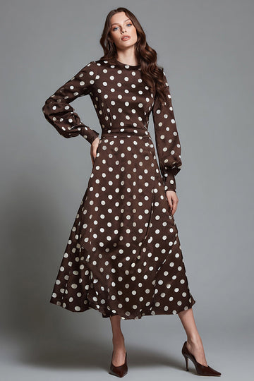 Marron foncé blanc à pois Une ligne Robe de cérémonie à col rond avec manches